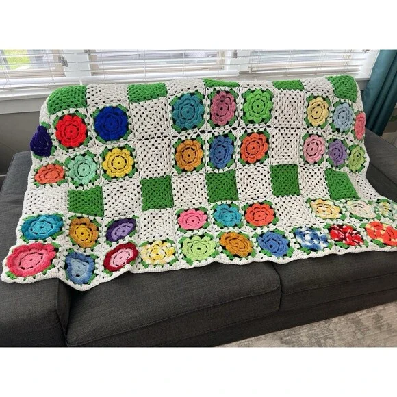 Handcrafted Colorful Granny Square Crochet Afghan Grandma Flower Roseanne Chic - Picture 1 of 5